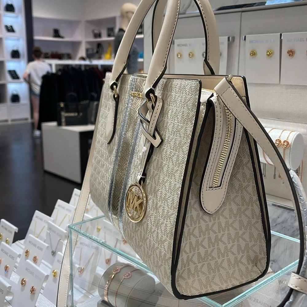 Michael Kors Sheila Medium Signature Logo and Metallic Satchel Crossbody CZ NWT